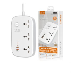 LDNIO Extension Board – White | 3-Way Socket | 4 USB Ports | 65W Fast Charging | Surge Protected